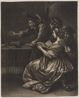 TvB G 2807
<br/>
Vier zangers verzameld aan de rechtezijde van een tafel
<br/>
<em>Somer, Johannes van (ca.1645-na 1699)</em>